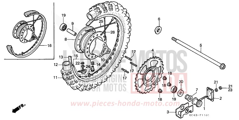 ROUE ARRIERE (R2F/R2G) de CR80R "Grandes Roues" FLASH RED (R119) de 1985